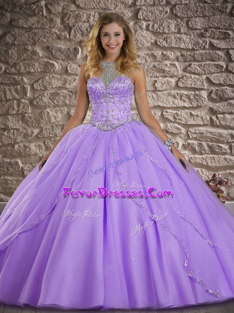  Lavender Ball Gowns Halter Top Sleeveless Tulle Brush Train Lace Up Beading Vestidos de Quinceanera
