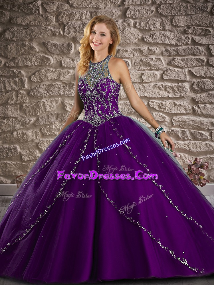  Purple Ball Gowns Beading Vestidos de Quinceanera Lace Up Tulle Sleeveless