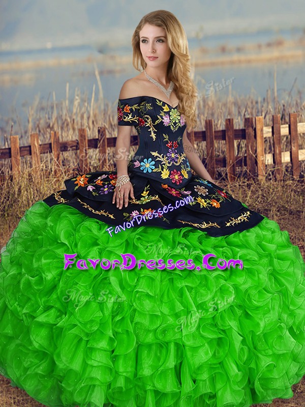  Floor Length Green Sweet 16 Quinceanera Dress Off The Shoulder Short Sleeves Lace Up