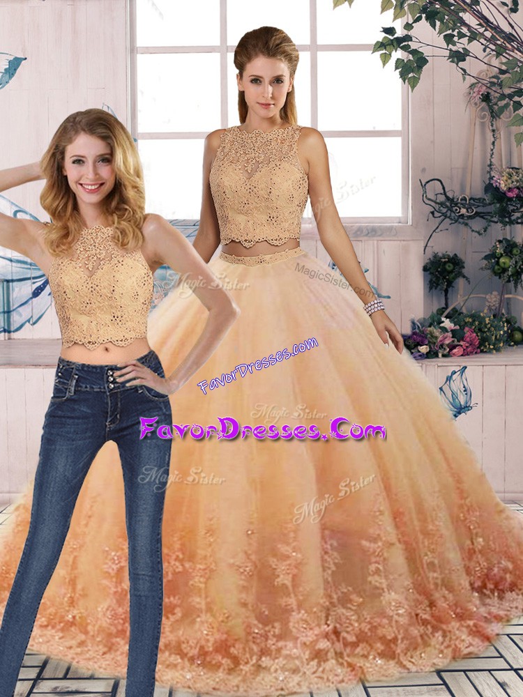  Sweep Train Two Pieces Vestidos de Quinceanera Peach Scalloped Tulle Sleeveless Backless