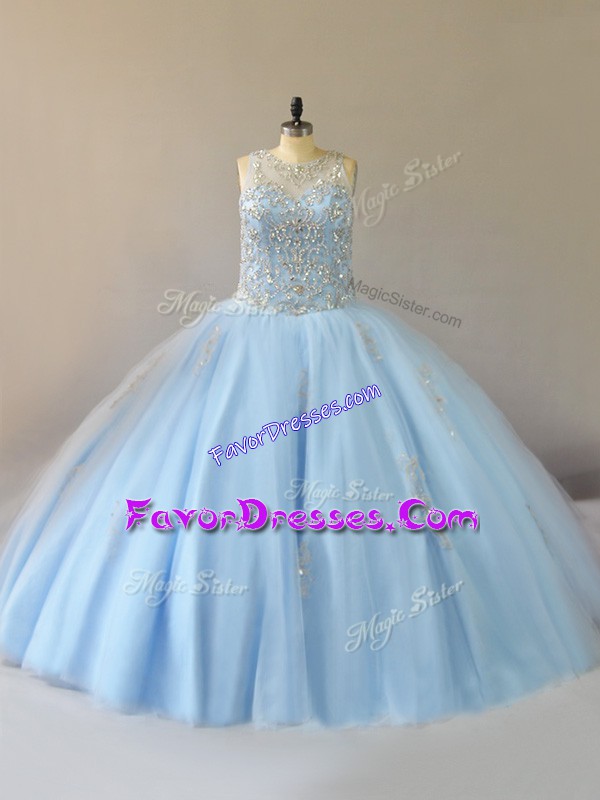 Nice Floor Length Lace Up Sweet 16 Dress Light Blue for Sweet 16 and Quinceanera with Beading
