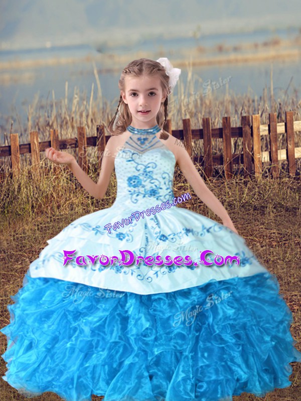 Best Baby Blue Ball Gowns Halter Top Sleeveless Organza Floor Length Lace Up Beading and Embroidery and Ruffles Little Girl Pageant Gowns