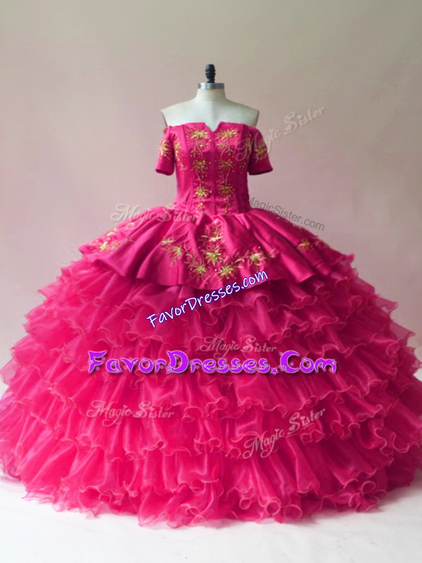 Clearance Fuchsia 15 Quinceanera Dress Sweet 16 and Quinceanera with Embroidery and Ruffled Layers Off The Shoulder Sleeveless Lace Up