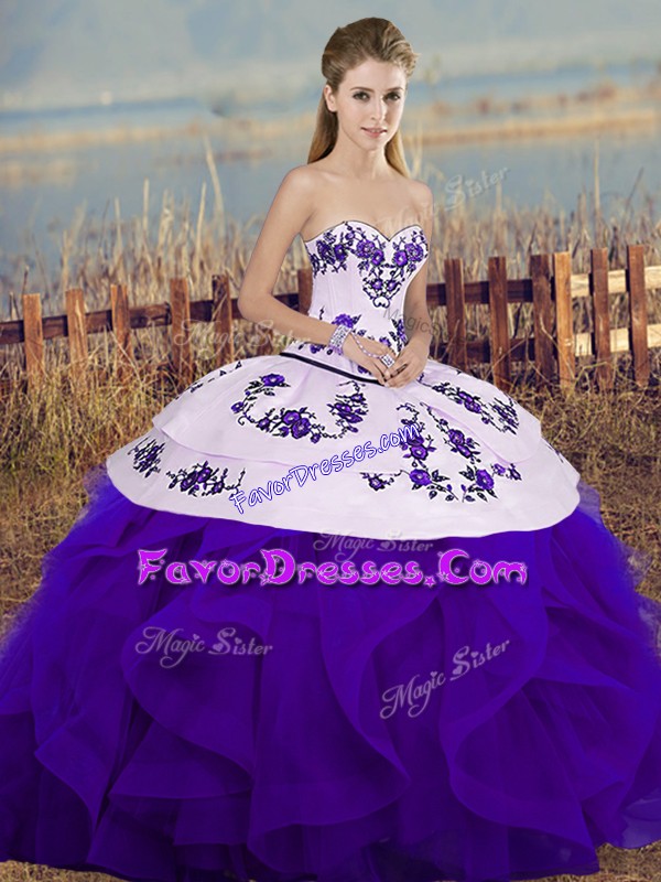 Luxurious White And Purple Tulle Lace Up Sweetheart Sleeveless Floor Length 15 Quinceanera Dress Embroidery and Ruffles and Bowknot
