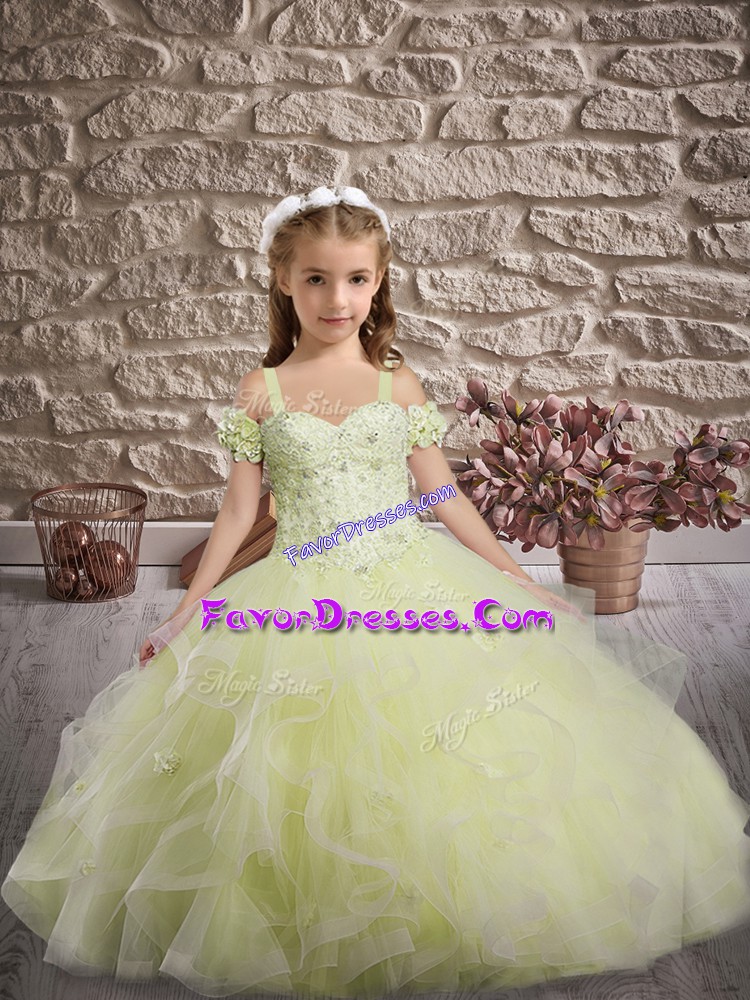  Yellow Green Tulle Lace Up Little Girls Pageant Dress Wholesale Sleeveless Sweep Train Appliques and Ruffles