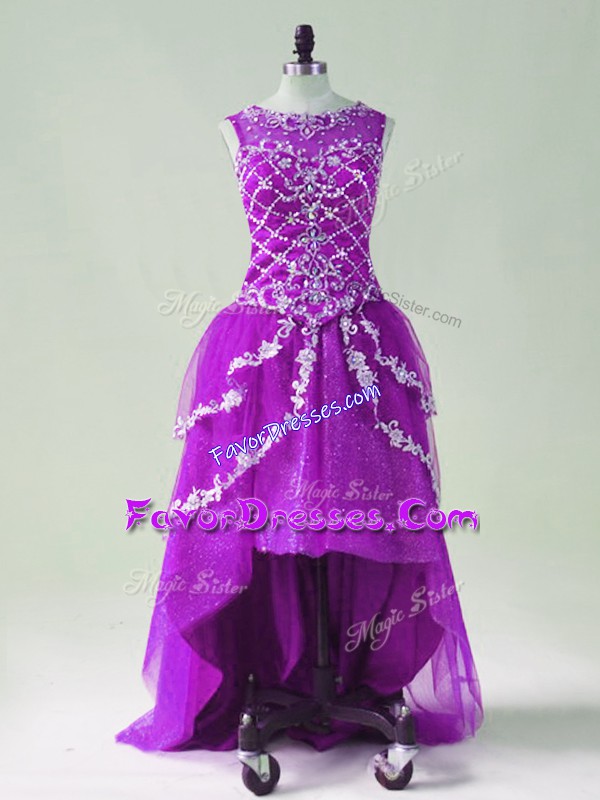  Purple Sleeveless High Low Beading and Appliques Zipper Prom Dresses