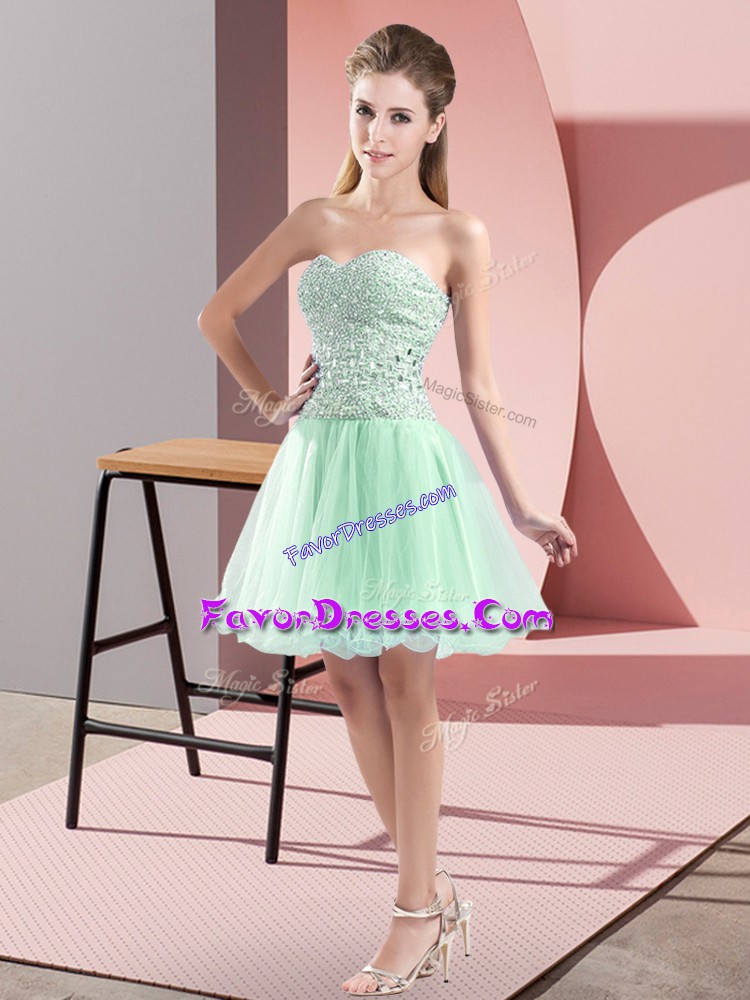 Beauteous Apple Green A-line Beading Dress for Prom Zipper Tulle Sleeveless Mini Length