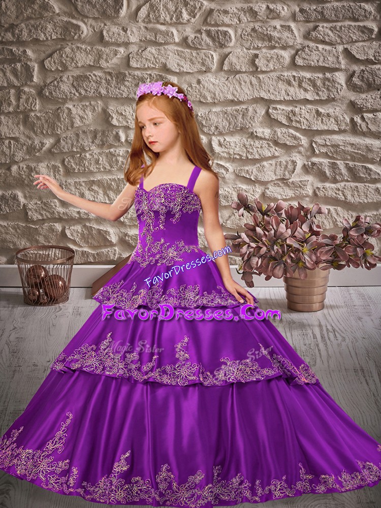  Sleeveless Appliques and Ruffled Layers Lace Up Glitz Pageant Dress with Purple Brush Train