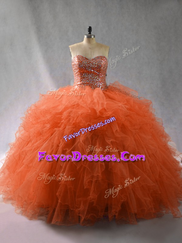 Inexpensive Sleeveless Floor Length Beading and Ruffles Lace Up Quinceanera Dress with Orange Red