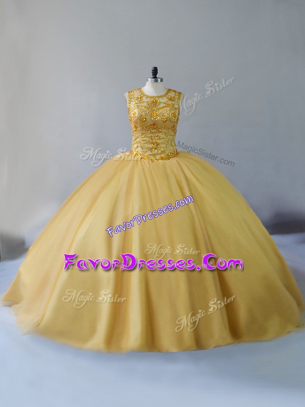 Admirable Gold Tulle Lace Up Scoop Sleeveless 15 Quinceanera Dress Brush Train Beading