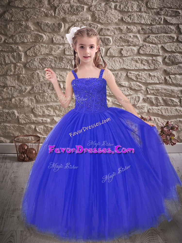 Hot Sale Blue Tulle Lace Up Pageant Gowns For Girls Sleeveless Sweep Train Beading and Appliques