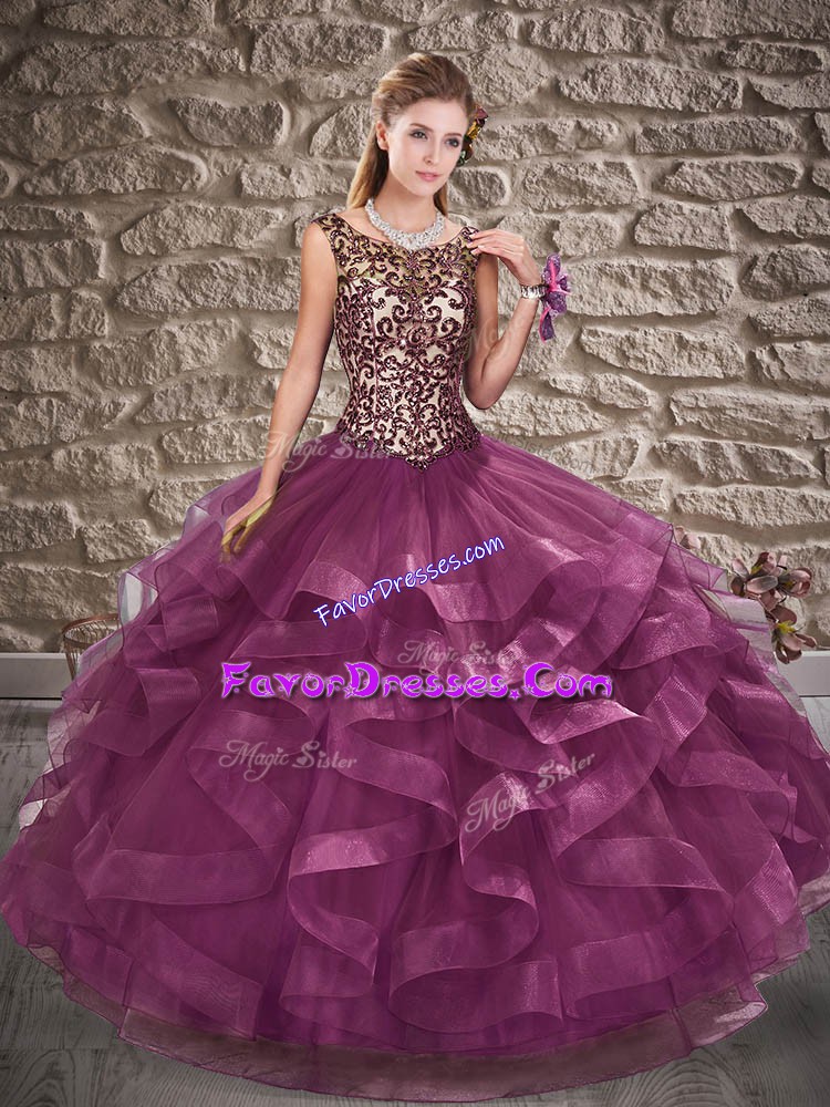 Eye-catching Sleeveless Tulle Floor Length Lace Up Quinceanera Dress in Purple with Beading and Ruffles