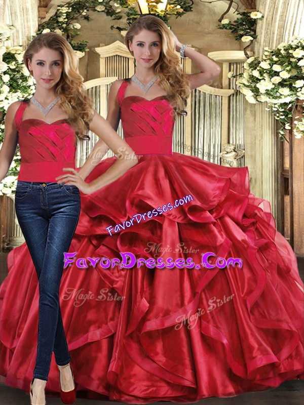  Halter Top Sleeveless Quinceanera Gown Floor Length Ruffles Red Organza
