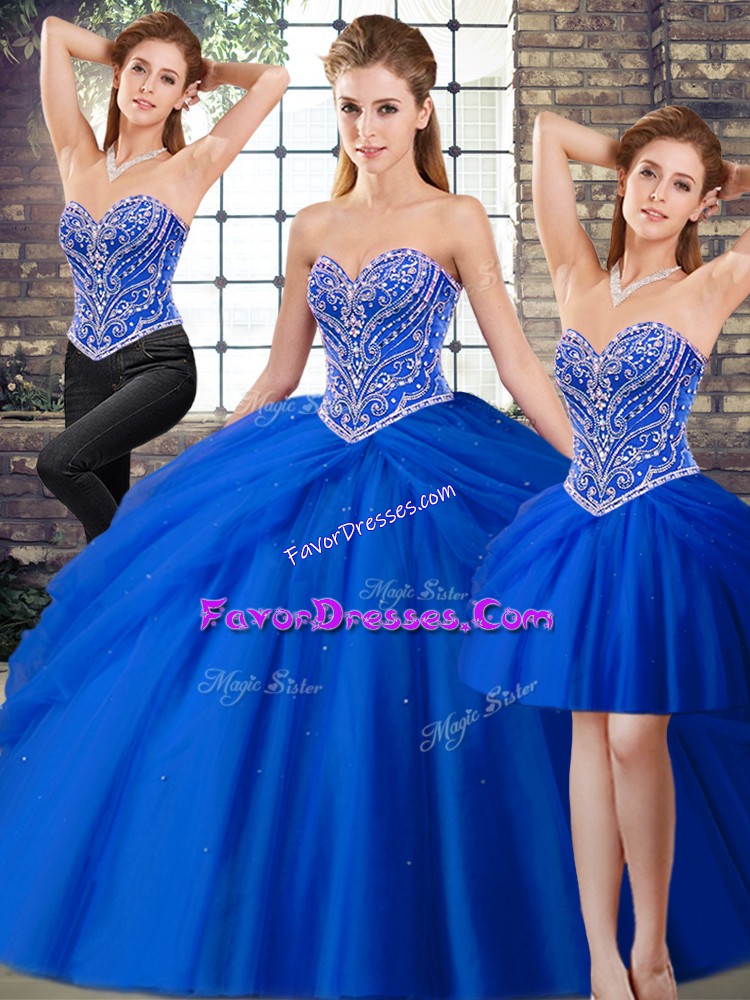 Hot Selling Royal Blue Quinceanera Gowns Tulle Brush Train Sleeveless Beading and Pick Ups