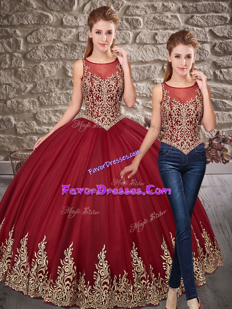  Scoop Sleeveless Lace Up Quince Ball Gowns Burgundy Tulle