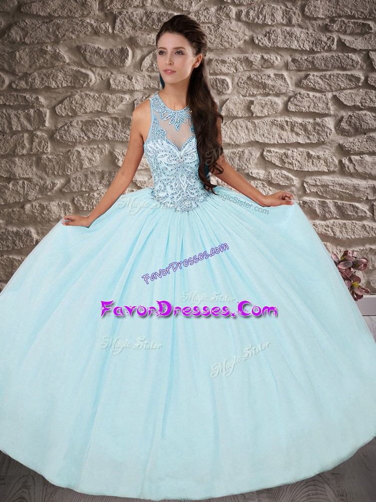 Custom Design Light Blue Ball Gowns Beading Quinceanera Dresses Lace Up Tulle Sleeveless