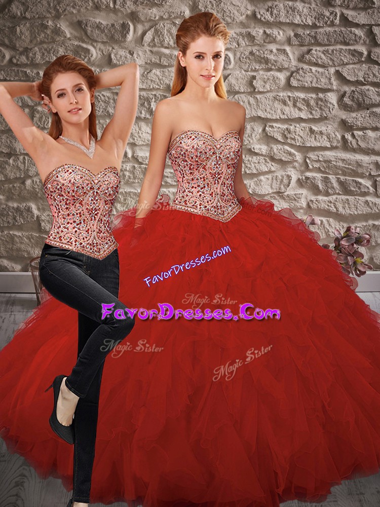  Red Tulle Lace Up Vestidos de Quinceanera Sleeveless Floor Length Beading and Ruffles