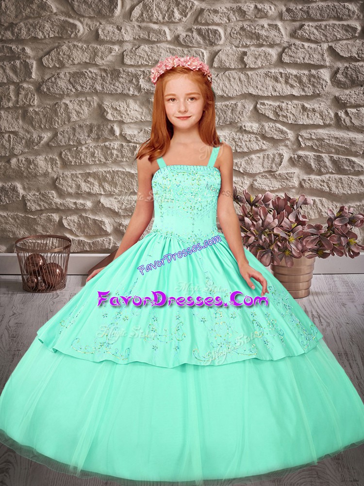  Apple Green Lace Up Straps Embroidery Little Girls Pageant Gowns Satin and Tulle Sleeveless Sweep Train