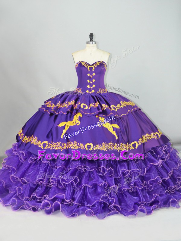Inexpensive Purple Ball Gowns Sweetheart Sleeveless Satin and Organza Brush Train Lace Up Embroidery and Ruffled Layers Quinceanera Dresses