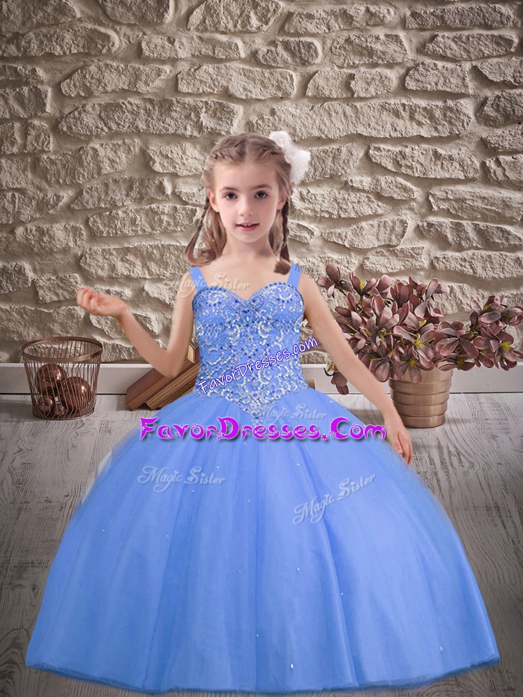 Modern Sleeveless Tulle Brush Train Lace Up Pageant Dress Womens in Blue with Beading