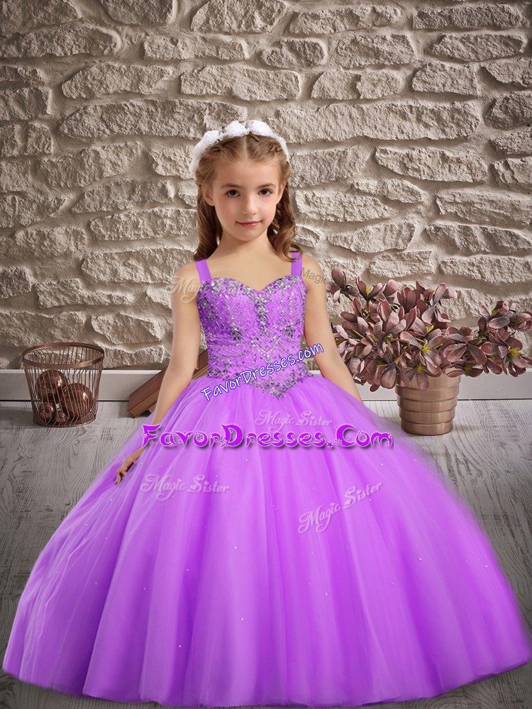 New Arrival Lavender Sleeveless Floor Length Beading Lace Up Pageant Dress for Teens