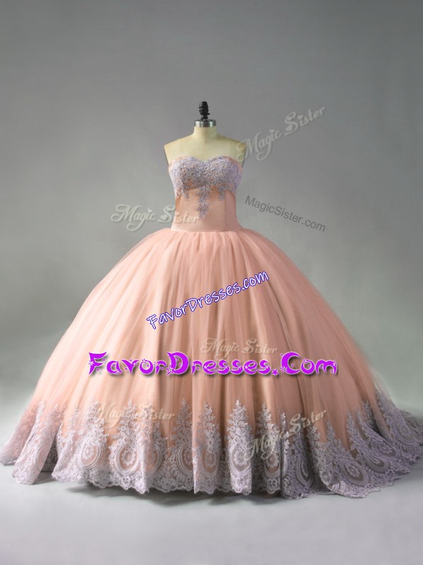 Glorious Peach Sleeveless Tulle Court Train Lace Up Quinceanera Dresses for Sweet 16 and Quinceanera