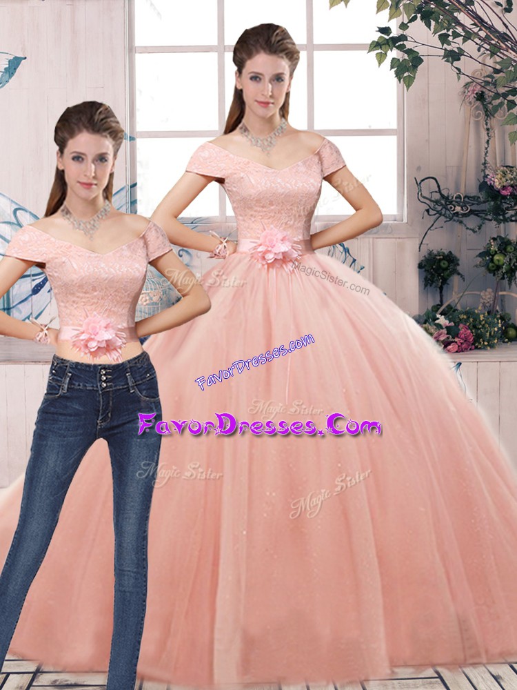  Short Sleeves Lace and Hand Made Flower Lace Up Ball Gown Prom Dress