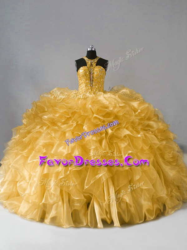 Shining Gold Sleeveless Floor Length Beading and Ruffles Zipper Quinceanera Dress