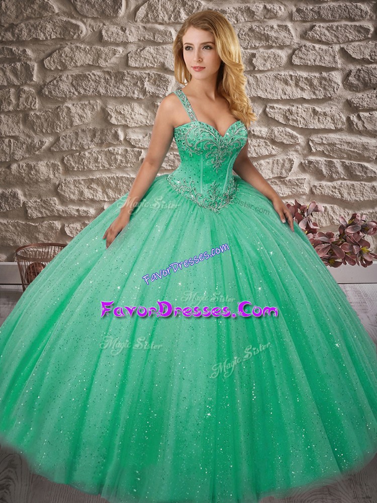 Nice Turquoise Tulle Lace Up Straps Sleeveless Floor Length Quinceanera Dress Beading