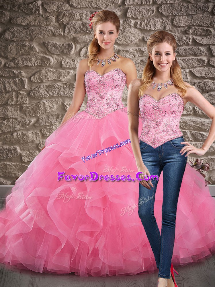 High Class Rose Pink Sleeveless Beading and Ruffles Lace Up Sweet 16 Dress