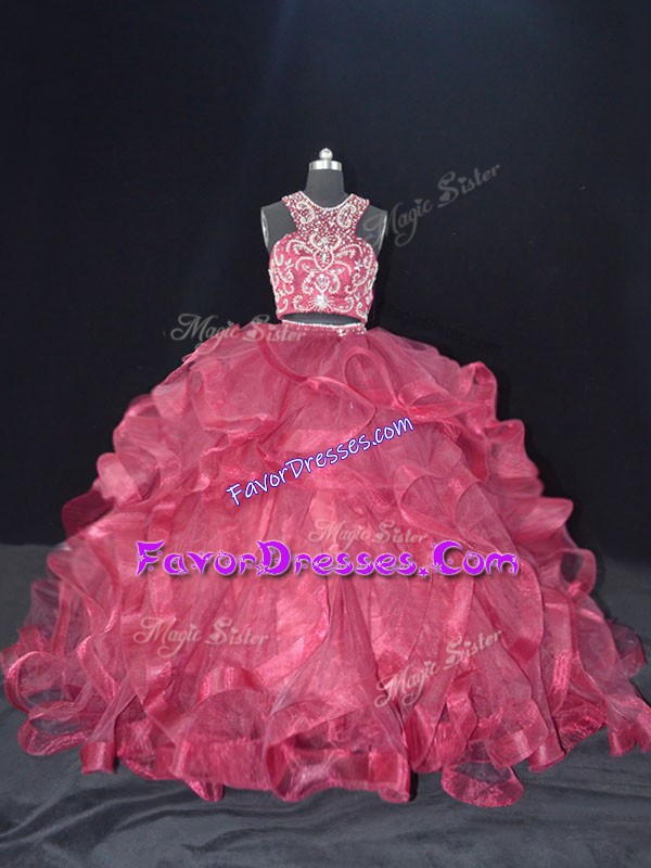 Low Price Burgundy Sleeveless Organza Brush Train Backless Quinceanera Dresses for Sweet 16 and Quinceanera