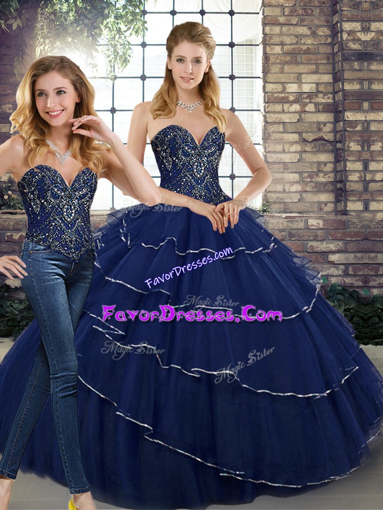  Brush Train Two Pieces Quinceanera Dress Navy Blue Sweetheart Tulle Sleeveless Lace Up