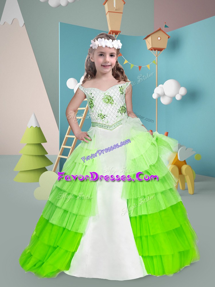  Multi-color Tulle Zipper Off The Shoulder Sleeveless Floor Length Custom Made Pageant Dress Beading and Ruffled Layers
