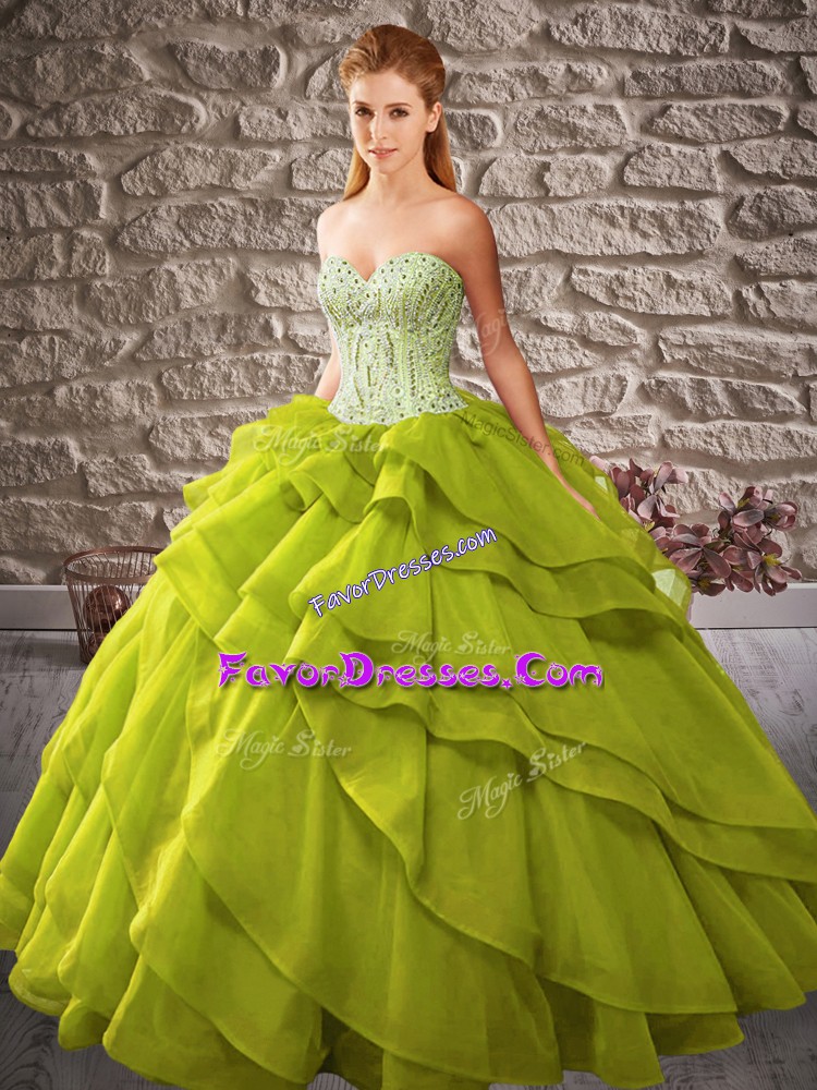 Custom Design Sleeveless Floor Length Beading and Ruffled Layers Lace Up Sweet 16 Dress with Olive Green