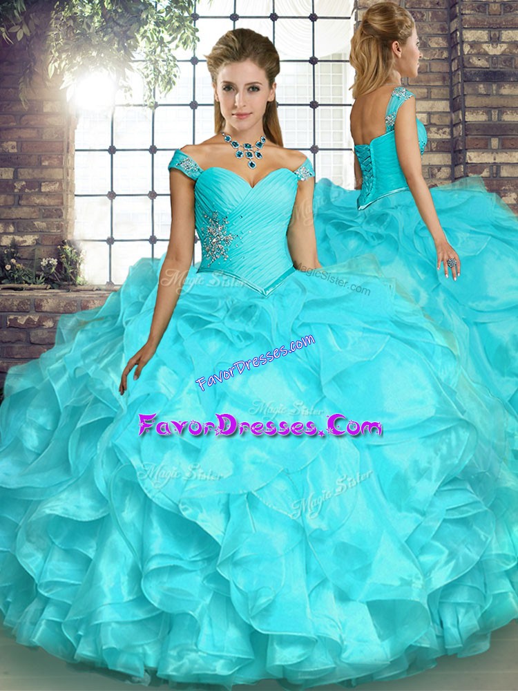 Fine Aqua Blue Ball Gowns Organza Off The Shoulder Sleeveless Beading and Ruffles Floor Length Lace Up Sweet 16 Quinceanera Dress