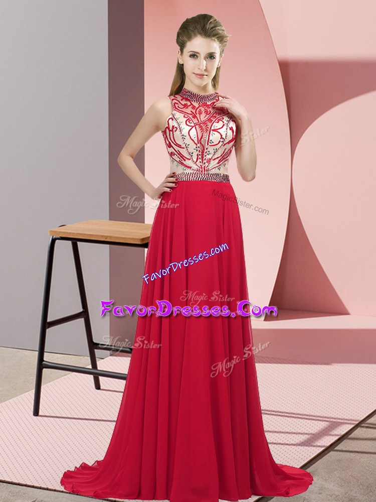 Affordable Brush Train Empire Dress for Prom Red Halter Top Chiffon Sleeveless Backless