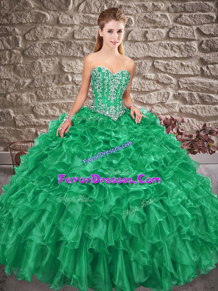  Green Organza Lace Up 15th Birthday Dress Sleeveless Brush Train Beading and Ruffles