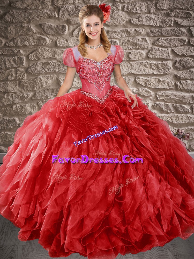  Red Sleeveless Organza Sweep Train Lace Up Quinceanera Gowns for Military Ball and Sweet 16 and Quinceanera
