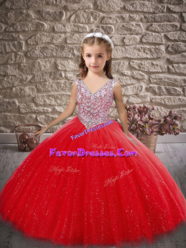  V-neck Sleeveless Little Girls Pageant Dress Floor Length Beading Red Tulle