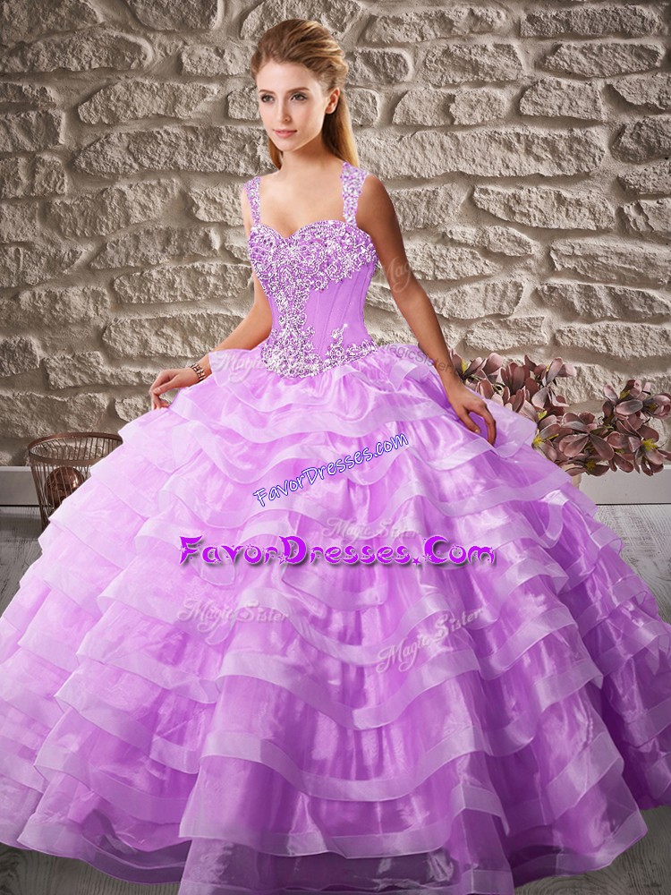 Super Lilac Lace Up Sweet 16 Dress Beading and Ruffled Layers Sleeveless Floor Length