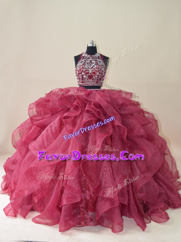Extravagant Burgundy Quinceanera Gown Sweet 16 and Quinceanera with Beading and Ruffles Halter Top Sleeveless Brush Train Backless