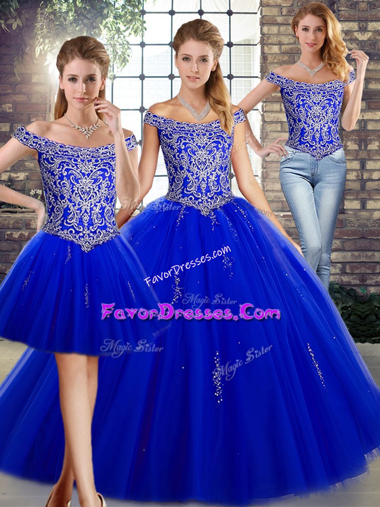 Hot Sale Sleeveless Floor Length Beading Lace Up 15th Birthday Dress with Royal Blue