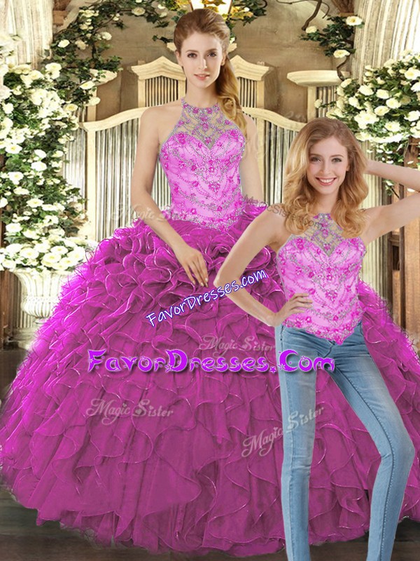 Charming Fuchsia Two Pieces Beading and Ruffles 15th Birthday Dress Lace Up Organza Sleeveless Floor Length