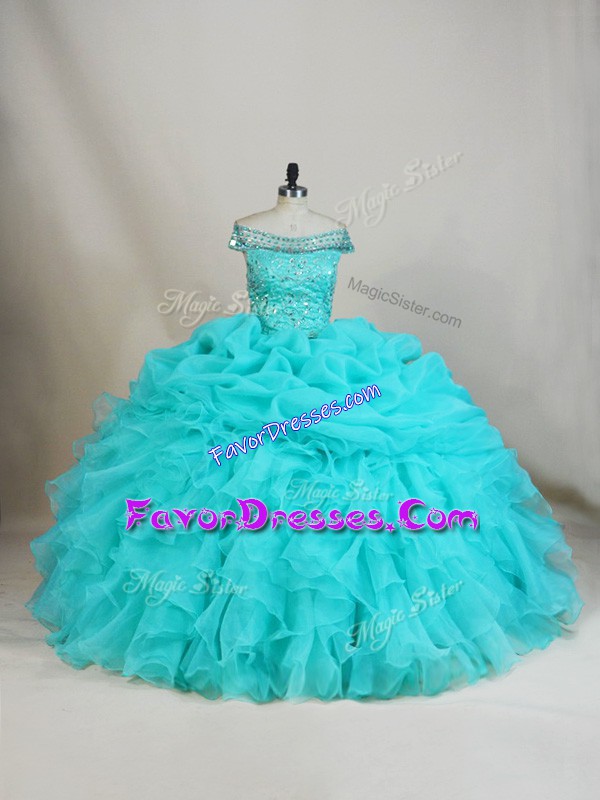 Dazzling Aqua Blue Quinceanera Gowns Sweet 16 and Quinceanera with Beading and Ruffles Off The Shoulder Sleeveless Lace Up