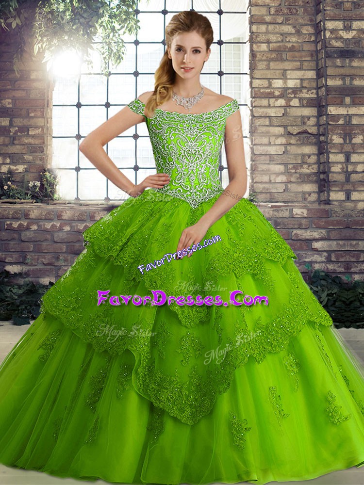  Green 15th Birthday Dress Off The Shoulder Sleeveless Brush Train Lace Up