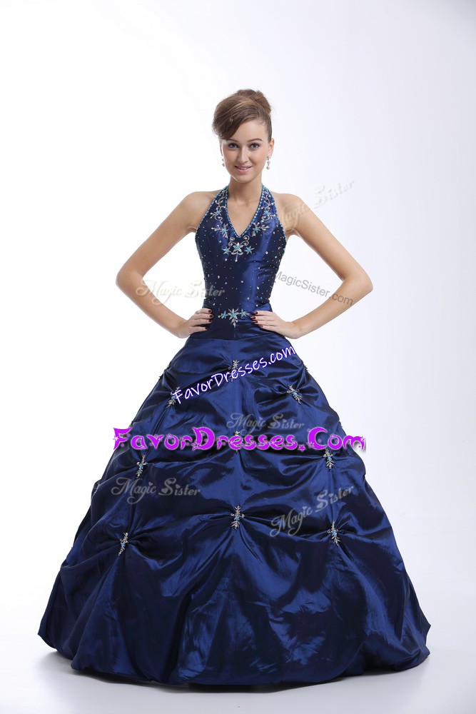 Most Popular Royal Blue Ball Gowns Halter Top Sleeveless Taffeta Floor Length Lace Up Embroidery and Pick Ups 15th Birthday Dress