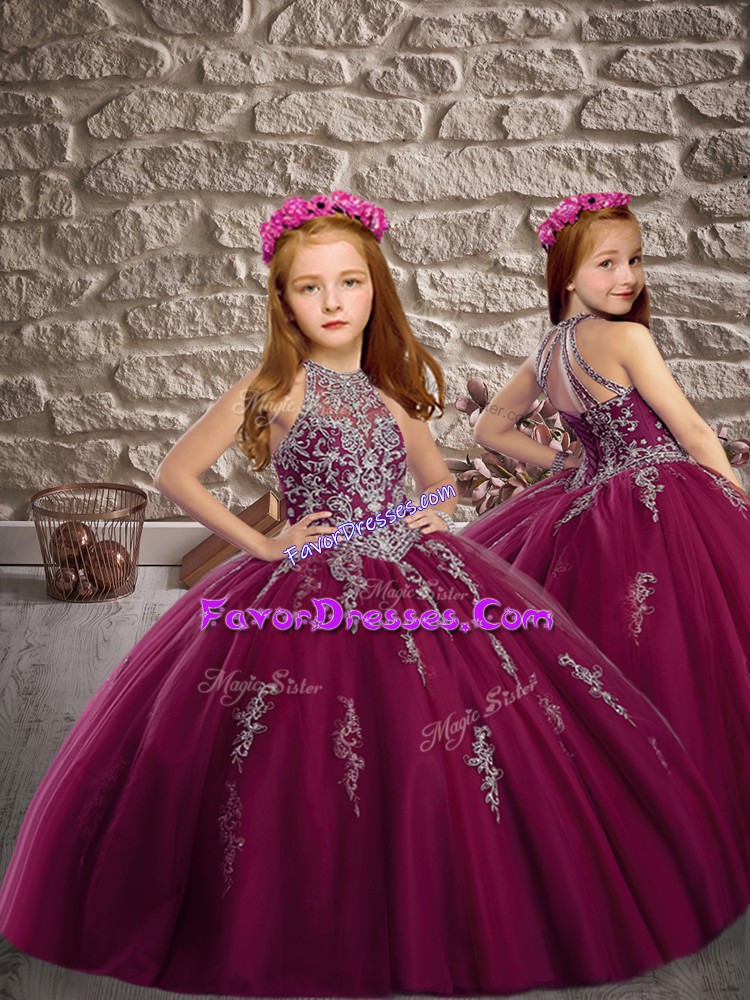 New Arrival Burgundy Ball Gowns Beading Little Girl Pageant Dress Lace Up Tulle Sleeveless