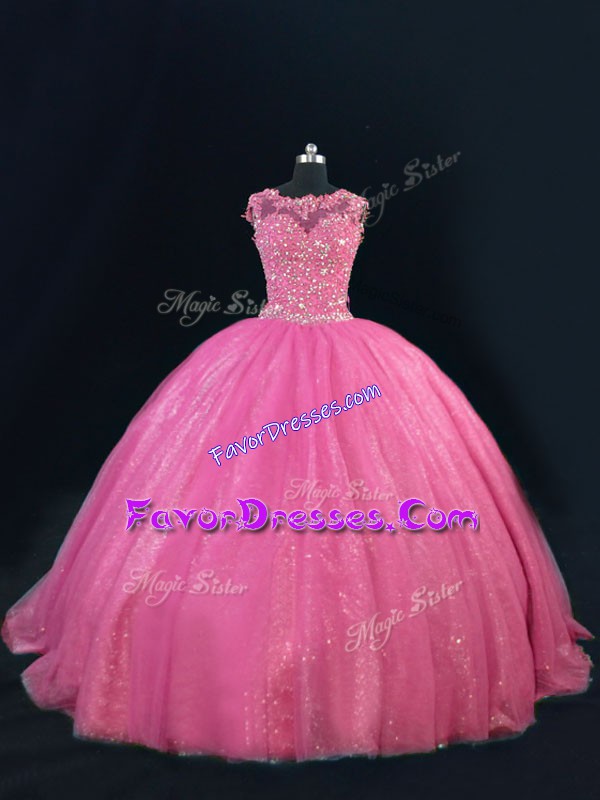 New Arrival Hot Pink Scoop Neckline Beading and Lace and Sequins Sweet 16 Quinceanera Dress Sleeveless Lace Up