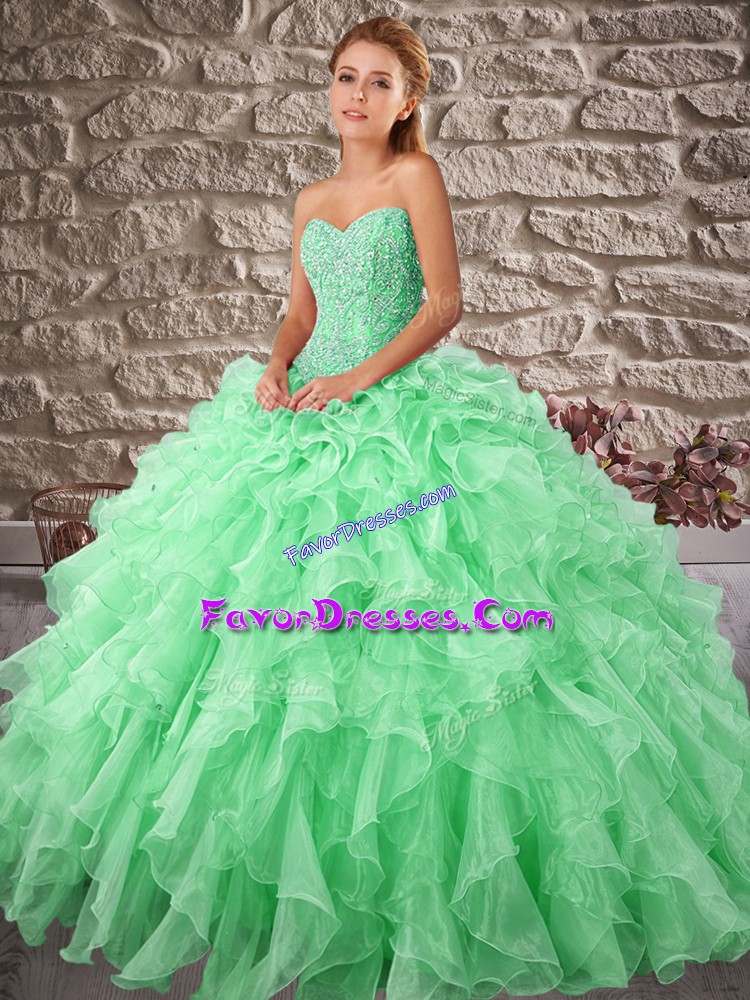  Brush Train Ball Gowns Quinceanera Gowns Apple Green Sweetheart Organza Sleeveless Lace Up