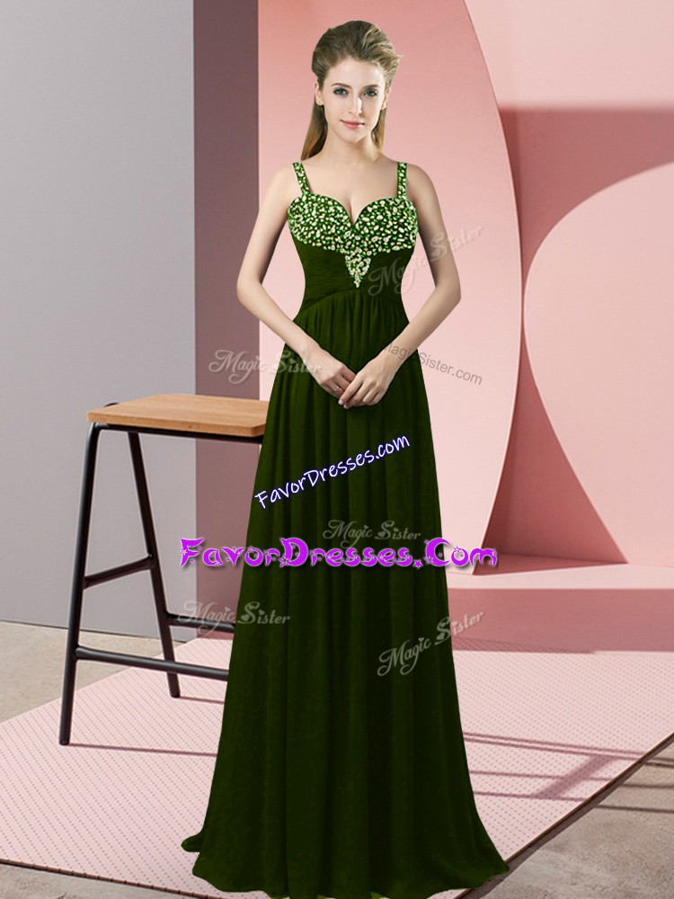  Floor Length Zipper Olive Green for Prom and Party with Beading
